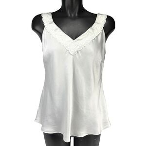 NINE WEST Vintage 100% Silk Lace Trim Ice Blue White Camisole Tank Top Size 10